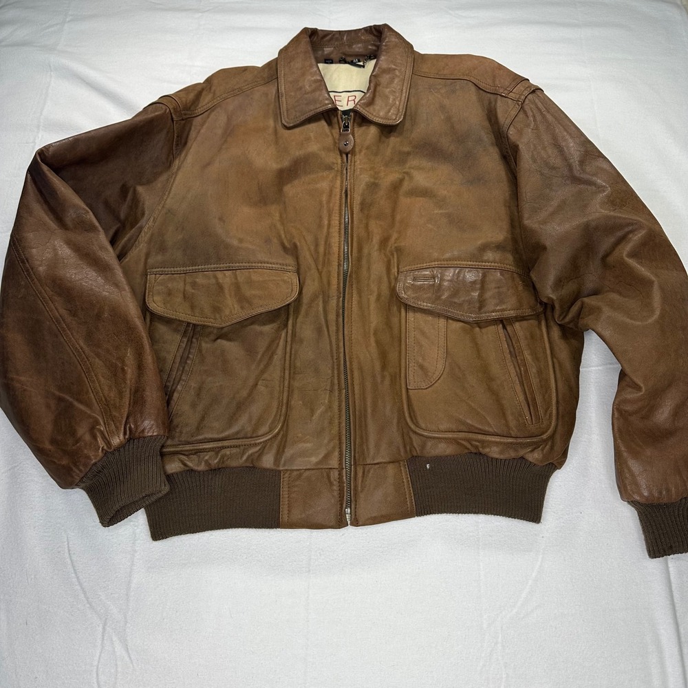 Vintage Members Only Voyager Brown Leather Bomber Flight Jacket Mens 44 Large